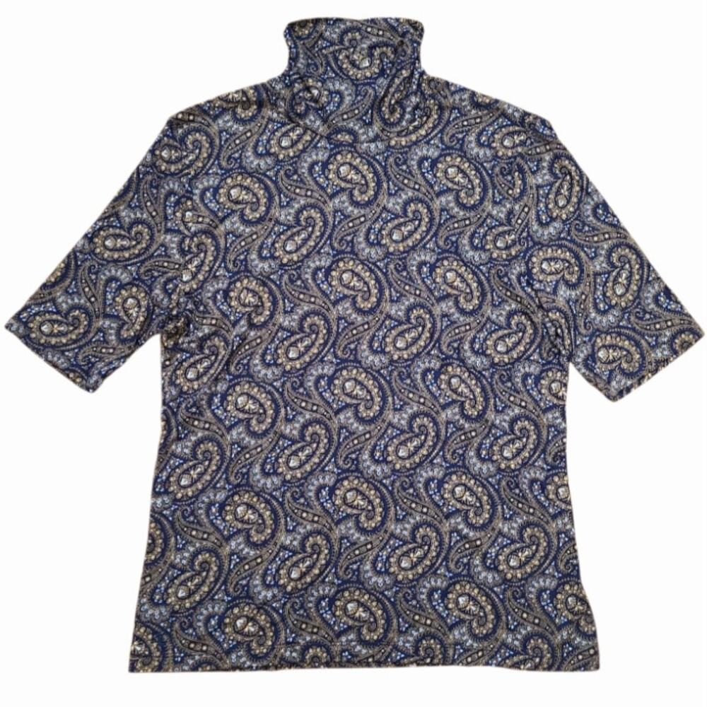 Lauren Ralph Lauren Paisley Mock Neck Top XL Fitted Stretch Knit Preppy Classic